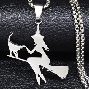 Pure Magic a Witch Riding a Broom with her Cat Necklace - Stainless Steel